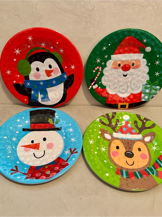 Sleigh Bell Bistro Other - Sleigh Bell Bistro Christmas Melamine 8” Plates Set: 4 Santa Reindeer Snowman